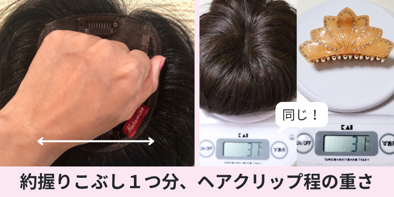 オーダーメイドウィッグ（全体用部分ウィッグ）のサイズは握りこぶし１個分。重さはヘアクリップと同じ。